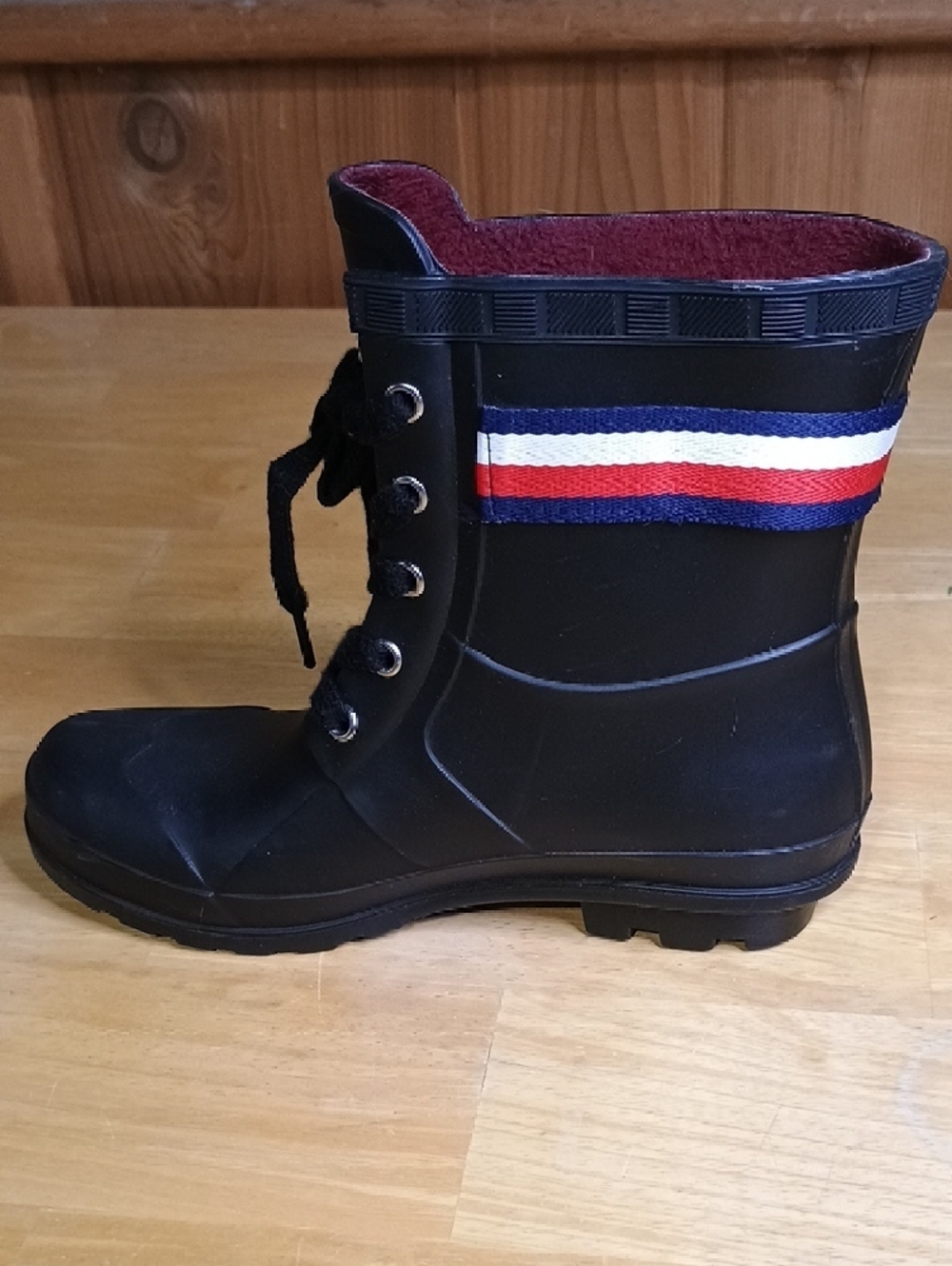 Tommy Hilfiger Black Lace-Up Mid-Calf Rain Boots with Flag Stripe - Picture 4 of 8